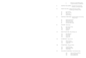 A table of contents for a book or exhibition catalog. Page numbers are listed in a column on the left, with corresponding chapter titles and author names listed to the right. Chapters include Starting the Journey, How Do You Feel?, Creating a Third Space, and The Lives of Exhibitions. The list concludes with an index of artists, author biographies, and acknowledgements.