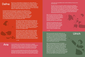 An informational page divided into four colored rectangular sections. The top left section is dark orange with the title Dafna and an illustration of a person. The top right is bright pink with a drawing of a group. The bottom left is light purple, titled Ana. The bottom right is dark green, titled Ulrich, with an illustration of a person pointing. Each section contains paragraphs of text about artists.
