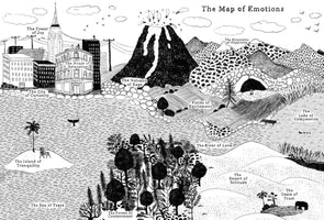 A black and white, hand-drawn illustration titled The Map of Emotions, depicting a fantasy landscape where geographical features represent feelings. Key locations include an erupting Volcano of Rage, the Mountains of Happiness, the City of Curiosity, the River of Love, the Sea of Tears, and the Island of Tranquility.