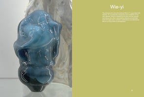 A page from a book or catalogue. On the left is a close-up of a glossy, abstract sculpture in shades of blue, with a biomorphic, fluid shape. It is placed in front of a rough, textured, off-white object. The right side of the page has an olive-green background with white text, featuring the heading Wie-yi and a paragraph describing the artist's work on identity. The page number 35 is in the bottom right corner.
