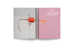 An open, spiral-bound book. The left page shows a photograph of a hanging sculpture made from an orange buoy, a wooden stick, and rope. The right page is pink with the heading Olafur, followed by a paragraph of text about the artist. The page number 165 is at the bottom right.
