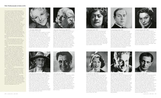 A two-page spread from a book titled Film Professionals in Exile. The pages feature an introductory text and ten black-and-white headshots of German film professionals, including Gitta Alpár, Elisabeth Bergner, and Kurt Bernhardt. Each portrait is accompanied by a biographical caption explaining their careers and how they were forced into exile by the Nazi regime.