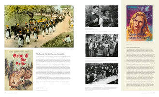 A two-page spread from a book on German film from 1950-1959, focusing on the Heimatfilm genre. The pages feature text, film stills, and movie posters, including a large color still of a traditional procession from Schwarzwaldmädel and posters for Grün ist die Heide and Rosen blühen auf dem Heidegrab.