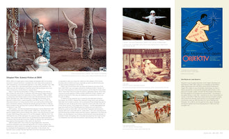 A two-page spread from a book titled Utopian Film: Science Fiction at DEFA. The page on the left has a large image of an astronaut in a blue-green suit on an alien planet. The page on the right has text and four smaller images: a person in a white spacesuit, two people in a spaceship cockpit, a group of astronauts in orange suits, and a blue movie poster for Der Mann mit dem OBJEKTIV.