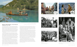 A two-page spread from a film history book about German Westerns of the 1960s based on Karl May's novels. The left page features a large color photo of two men, one white and one Native American, in a canoe. The right page displays a grid of smaller images, including color film stills of actors in Western attire and black-and-white behind-the-scenes photos from the movie sets.