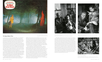 A two-page spread from a book, pages 516-517, discussing The Edgar Wallace Films. The left page has a large color poster for the film Der Mönch mit der Peitsche, showing a woman in a yellow coat being threatened by a red-hooded figure with a whip in a foggy forest. The right page displays three black-and-white photos: two behind-the-scenes shots with actors and directors, and one film still of people at a bar. Both pages feature English text about the German film series.