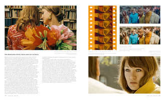 A two-page book spread from German Film 1960-1969 discussing the film restoration of Neun Leben hat die Katze. The pages feature English text alongside several images: a still of two women with a large bouquet, a negative film strip, two versions of a group scene showing color correction, and a close-up portrait of a woman in a yellow collar.