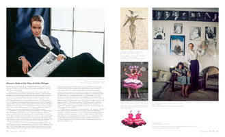 A two-page book spread titled Women's Roles in the Films of Ulrike Ottinger. On the left, a large photo of an androgynous person in a pinstripe suit holds a newspaper with the headline DORIAN GRAY TOT. On the right, a collage shows a costume sketch, a photo of two performers in pink ruffled dresses with tambourines, a small knitted dress, and a photo of two women in a studio surrounded by framed pictures.