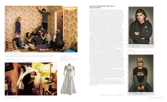 A two-page book spread about German filmmaker Fatih Akin. The left page shows a large behind-the-scenes photo of a film set and a smaller film still. The right page contains English text discussing Akin's work, along with two portrait photos of the director and a picture of a wedding dress on a mannequin.