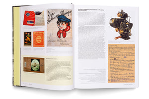 An open book showing a two-page spread about early German cinema history. The left page displays artifacts like a hand-drawn poster and a magic lantern slide of a ship. The right page features text about collector Gerhard Lamprecht, a detailed photo of an antique film projector, and a handwritten document.