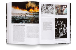 An open book displays a two-page spread about filmmaker Werner Herzog. The left page features a large color photo of burning oil fields above an essay titled Ecstatic Truths in the Work of Werner Herzog. The right page contains text and several smaller images, including behind-the-scenes photos, a sketch of a jungle camp, and a typed manifesto.
