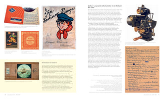 A two-page book spread in German about early film history, presented as a collage of text and images. The artifacts displayed include a vintage film projector, a reel of Agfa magnetic tape, old cinema posters, a hand-painted artwork of a face, a magic lantern slide of a ship, and a handwritten document.