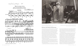 A two-page spread from a book about the 1927 film Metropolis. The left page displays the beginning of the piano score for the film by Gottfried Huppertz. The right page features a black-and-white, behind-the-scenes photograph from the set, showing crew members with the robot Maria, alongside German text discussing the film's music and restoration.