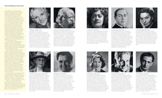 A two-page spread from a German book titled Filmschaffende im Exil (I/IV), meaning Filmmakers in Exile. The pages feature ten numbered, black-and-white headshots of early 20th-century German actors and directors, including Gitta Alpár, Elisabeth Bergner, and Felix Bressart. Each portrait is accompanied by a short biography, arranged in a grid alongside columns of descriptive text.
