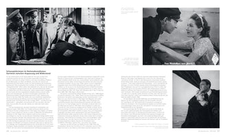 A two-page spread from a German book, pages 296-297, titled Schauspielerinnen im Nationalsozialismus. The pages feature black text and three black-and-white stills from old films, showing scenes with men and women in various dramatic poses.