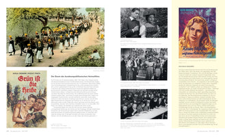 A two-page spread from a book about German film from 1950-1959, focusing on the Heimatfilm genre. The pages feature German text alongside posters and stills from films like Schwarzwaldmädel and Grün ist die Heide, showing people in traditional folk costumes, rural processions, and romantic couples.