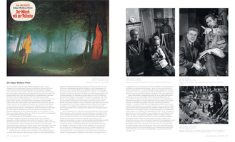 A two-page book spread in German about Edgar Wallace films. The left page shows the poster for The Monk with the Whip, featuring a woman in a yellow coat in a foggy forest and a figure in a red, hooded robe holding a whip. The right page displays four black-and-white photos, including behind-the-scenes shots of the director and actors, and a film still from a bar scene.