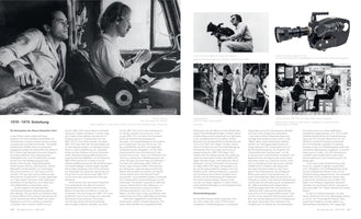 A black and white two-page spread from a book about New German Cinema from 1970-1979. The layout features German text alongside five photographs. The main photo at the top shows two men in a vehicle. Below are smaller images of a filmmaker with a camera, a close-up of a 16mm film camera, two women on a set, and two men sitting at a table.