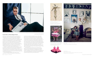 A two-page spread from a book about German film director Ulrike Ottinger. The left page has a large photo of an androgynous person in a pinstripe suit holding a newspaper headlined DORIAN GRAY TOT. The right page is a collage of smaller images: an Art Deco costume sketch, two performers in elaborate pink costumes, and two women in an art studio.