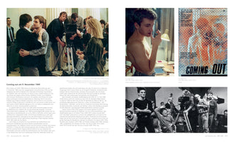 A two-page spread from a German book about the 1989 film Coming Out. The layout includes German text and four photos: a color behind-the-scenes shot of two men embracing on set, a color film still of a shirtless man smoking, the film's poster, and a black-and-white photo of the cast and crew with a camera.