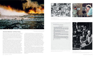 A two-page book spread in German about director Werner Herzog. The layout features a large film still of burning oil fields from Lessons of Darkness. On the right are four smaller images: a drawing of a jungle village, Herzog filming on location, the typed Minnesota Declaration, and a black-and-white photo of Herzog directing actors Christian Bale and Steve Zahn on the set of Rescue Dawn.