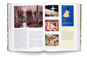 An open book showing a two-page spread about German science fiction films. The pages, written in German, feature several color stills from movies depicting astronauts in spacesuits, alien landscapes, and spaceship interiors, alongside a stylized blue film poster.