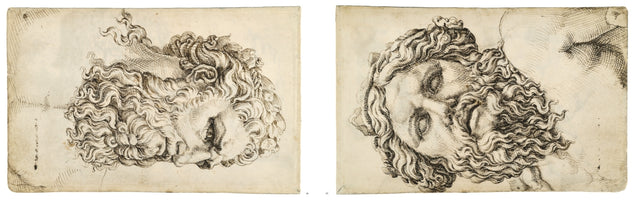 A pair of black and white pen-and-ink studies on aged paper, showing a man's head from two different dramatic, low-angle perspectives. In both images, the man's head is tilted back, with his face, thick curly hair, and beard rendered in detailed cross-hatching that creates a sculptural, three-dimensional effect.