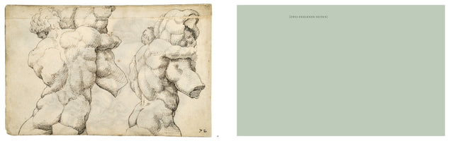 A two-panel image displaying a historical drawing beside a solid color block. On the left, a pen-and-ink study on aged paper depicts two heavily muscled male torsos from the back in a Renaissance style. On the right, a pale green background has the German text [ZWEI FEHLENDE SEITEN], meaning two missing pages, printed at the top.