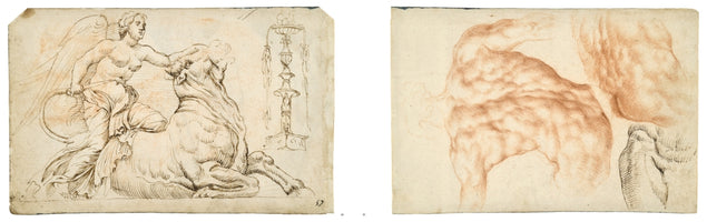 A composite image of two Renaissance-style drawings on aged paper. On the left, a pen and ink sketch depicts a winged figure with a tambourine sitting on a reclining bull, next to a study of an ornate candelabrum. On the right, a red chalk drawing shows anatomical studies of muscular animal forms.