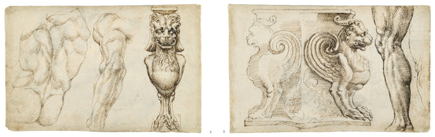 A two-panel image displaying Renaissance-style pen and ink studies on aged paper. The left panel features detailed anatomical drawings of a muscular male back and arm, alongside a grotesque sculpture with a lion's head. The right panel contains sketches of a winged griffin in profile and a muscular human leg. The shading is achieved with fine cross-hatching.