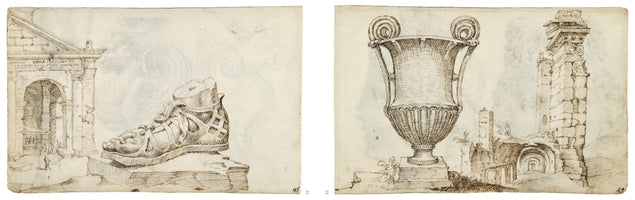 A pair of pen and ink studies on aged paper, presented side-by-side. The left study depicts a detailed Roman sandal on a stone block in front of a crumbling classical arch. The right study shows a large, ornate urn with scrolled handles on a pedestal, set against a background of architectural ruins, including a tall, broken tower.