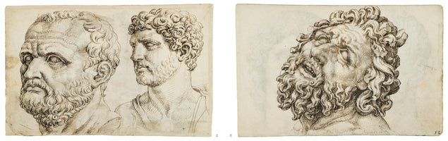 A side-by-side view of two sepia ink drawings of classical male heads. The drawing on the left features two busts: a balding, bearded older man in three-quarter view, and a younger man with tight curls in profile. The drawing on the right depicts a single, more dramatic bust of a man with a thick, curly beard and hair, looking upward in anguish.