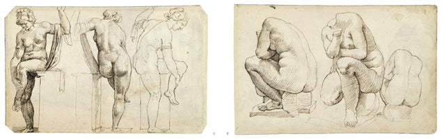 Two sheets of aged paper with pen and ink drawings of nude figures by an Old Master. The left sheet contains three studies of a muscular woman, standing and seated. The right sheet shows three studies of crouching figures in pensive, contorted poses. The sketches utilize detailed cross-hatching to define form and musculature.