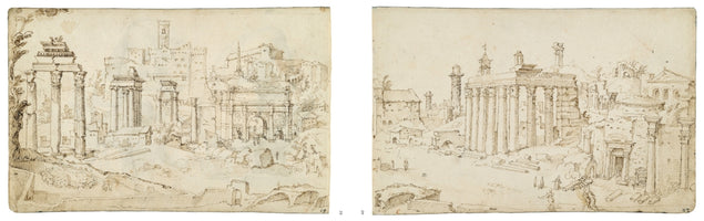 A diptych of two pen and brown ink drawings on off-white paper, showing wide landscapes of ancient Roman ruins. The panel on the left features a large triumphal arch and the remains of several temples, with a fortified complex on a hill behind. The panel on the right depicts a large temple with an extensive colonnade, surrounded by other crumbling buildings and towers. Small human figures are scattered throughout both scenes.