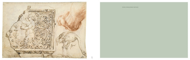 A two-page book spread. The left page shows a drawing on aged, torn paper featuring several studies: an ornate architectural panel with figures, a large foot sketched in red chalk, and an ostrich. The right page is solid light green with the German text [ZWEI FEHLENDE SEITEN] printed at the top.