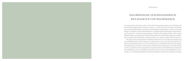 A two-page spread of a book with a minimalist layout. The left page is a solid block of pale sage green. The right page is white and contains the beginning of a chapter in German. The title reads DAS RÖMISCHE ZEICHNUNGSBUCH DES MAARTEN VAN HEEMSKERCK, with the author Tatjana Bartsch listed above it, followed by the introductory paragraph.