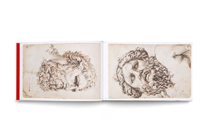 An open book, viewed from above, displays a two-page spread with detailed pen-and-ink sketches of classical male heads. The faces, rendered with fine cross-hatching, are framed by voluminous curly hair and beards. The head on the left page is in profile, while the one on the right is tilted upwards. The book has a red spine and rests on a white background.