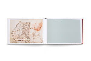 An open art book on a white surface. The left page displays several detailed sketches on aged paper, including an ornate panel, a foot study in red chalk, and an ostrich. The right page is a solid pale green with the text [ZWEI FEHLENDE SEITEN], which is German for two missing pages.