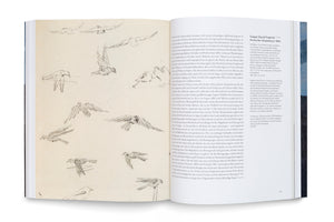 An overhead shot of an open art book. The left page shows multiple pencil sketches of birds in flight on an off-white background. The right page features descriptive text in German, identifying the work as Caspar David Friedrich's Karlsruher Skizzenbuch.