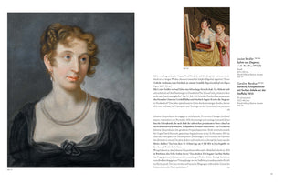 A two-page spread from an art book in German. On the left is a large pastel portrait of Sylvie von Ziegesar, a woman with light brown hair in an updo, wearing a dark gown and a pearl necklace against a gray background. The right page features descriptive text alongside a smaller oil painting of Johanna Schopenhauer with her daughter Adele in an artist's studio, seated at an easel with a palette and brushes.