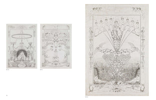A page from a book displaying three intricate, allegorical line drawings in black and white. On the left are two smaller vertical illustrations, KAT. 50 and 51, filled with classical figures, cherubs, and fantastical flora. The larger artwork on the right, KAT. 52, shows a grand, symmetrical plant structure rising towards a radiant sun, with a central woman and child surrounded by numerous cherubs at its apex, all within an ornate border.
