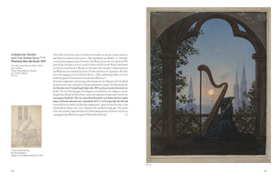 A page from an art book displaying the Romantic painting Phantasie über die Musik, after Carl Gustav Carus. The scene is viewed from a dark loggia with Gothic arches. On a balcony, a figure shrouded in a dark blue cloak sits beside a large harp. In the distance, a Gothic cathedral with two spires stands against a twilight sky with a full moon. The adjacent page features German text and a small preparatory sketch.