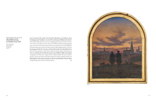 A page from an art book showing Carl Gustav Carus's 1837 painting, Abenddämmerung, in an arched gold frame, with German text on the left. The Romantic landscape painting depicts two men in dark cloaks and a black poodle from behind on a hill, overlooking a medieval city with church spires against a dramatic sunset sky of orange and blue.