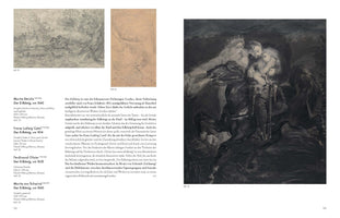 A two-page spread from an art book in German, displaying three illustrations for the poem Der Erlkönig. On the left is text and a pencil drawing by Ferdinand Olivier of a rider in a forest. The right page features a large, dark, and dramatic painting by Moritz Steinla, showing a father clutching his child on a powerful black horse as the crowned Erl-King appears beside them. Below this is a faint sketch by Moritz von Schwind.