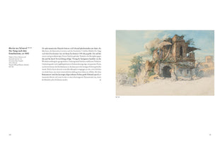 A book open to a page spread showing Moritz von Schwind's 1850 watercolor, Der Gang nach dem Eisenhammer. The painting on the right page depicts a large, crumbling ruin of a Gothic-style building under a blue sky with clouds. In the landscape, a figure on horseback rides away on a path to the left, while two other figures rest in the foreground. The left page contains descriptive text in German.