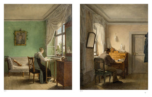 A diptych of two 19th-century realist paintings of interior scenes. On the left, a woman in a green room sits at a small table by a sunlit window, engaged in needlework. On the right, a man in a tan-walled study sits at a writing desk, also illuminated by a window, writing with a quill. Both figures are shown from behind in moments of quiet concentration.