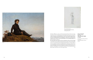An open book spread displays a 19th-century painting on the left and descriptive German text with a sketch on the right. The painting shows a young man with curly hair in a dark coat, seated on a grassy hill, gazing over a vast, hazy mountain landscape. His top hat and walking stick lie beside him.