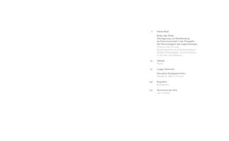 A minimalist table of contents for a book, shown against a plain white background. The text is in both German and English, with page numbers on the left. The entries include essays by Niklas Maak and Ludger Derenthal, as well as sections for Plates, Biographies, and a List of Places.