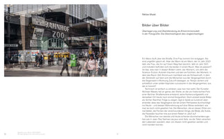 A two-page spread from a book. The left page features a composite photograph that merges a historic, black-and-white image of Berlin's Bahnhof Zoo from 1937 with a contemporary, full-color photo from 2023. People from both eras appear as semi-transparent figures, coexisting in the same street scene. The right page displays an essay in German titled Bilder über Bilder by Niklas Maak.