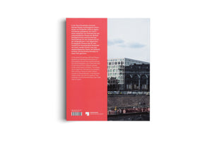 The back cover of a book on a white background. The left side is a red vertical band with text in German and English, along with a barcode and logos. The right side shows a photograph of a modern building superimposed over a historic, dark building with arches, next to a body of water with a barge in the foreground.